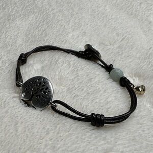 FOSSIL Tree Of Life & Little Bird Brown Button Charm Leather Cord Bracelet EUC